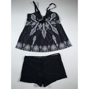 Women 2 Piece Tummy Control Bathing Suits Print Bow Ties V-Neck Boy shorts 2XL